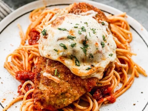 Chicken Parmesan with low carb protein noodles & cheesy garlic roll