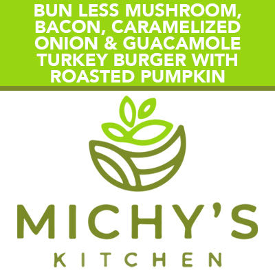 Bun less Mushroom, bacon, caramelized onion & guacamole turkey burger with roasted pumpkin