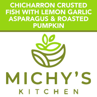 Chicharron crusted fish with lemon garlic asparagus & roasted pumpkin