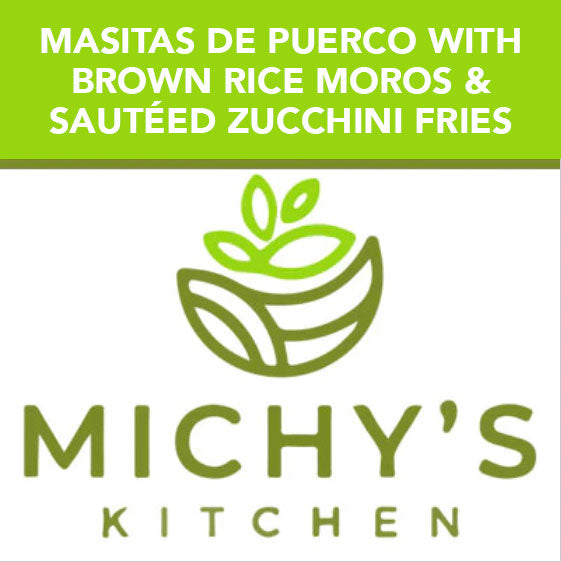 Masitas de puerco with brown rice Moros & sautéed zucchini fries